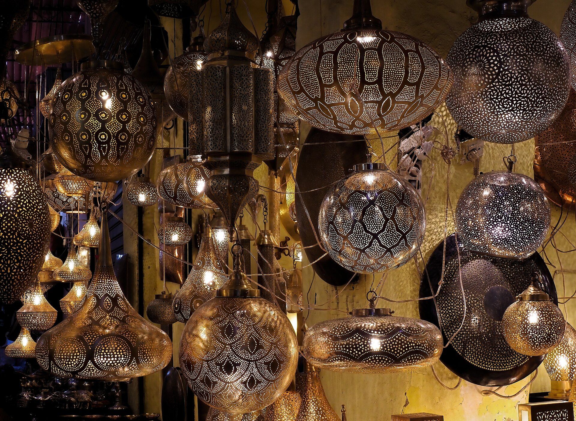 Copper lanterns in a shop in the souk of Marrakesh